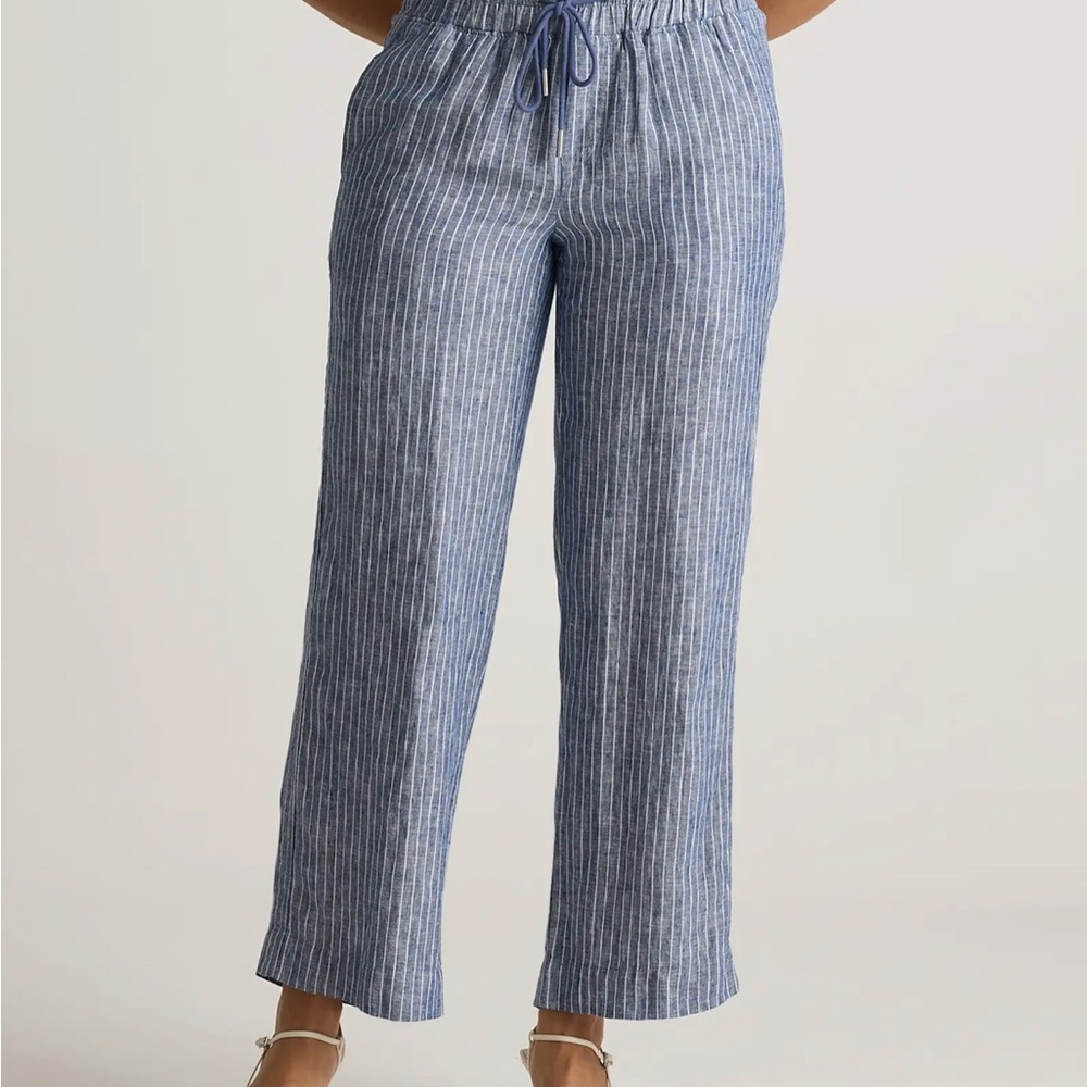 Quince Blue & White Striped Wide-Leg Drawstring Pants